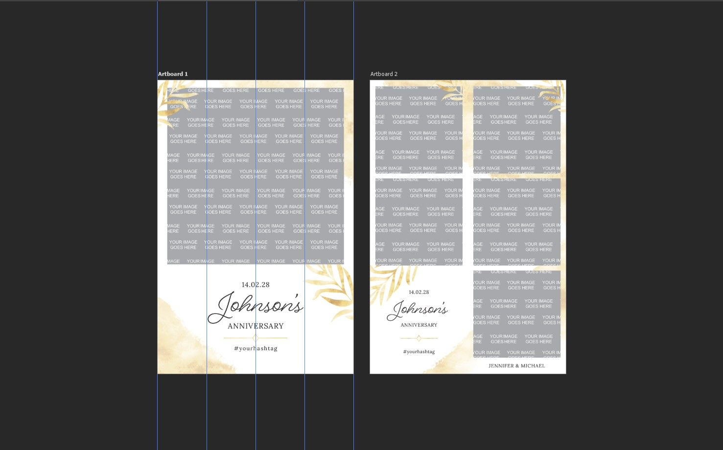 Gold floral photo booth strip templates with elegant Johnson's Photography branding in portrait layout.