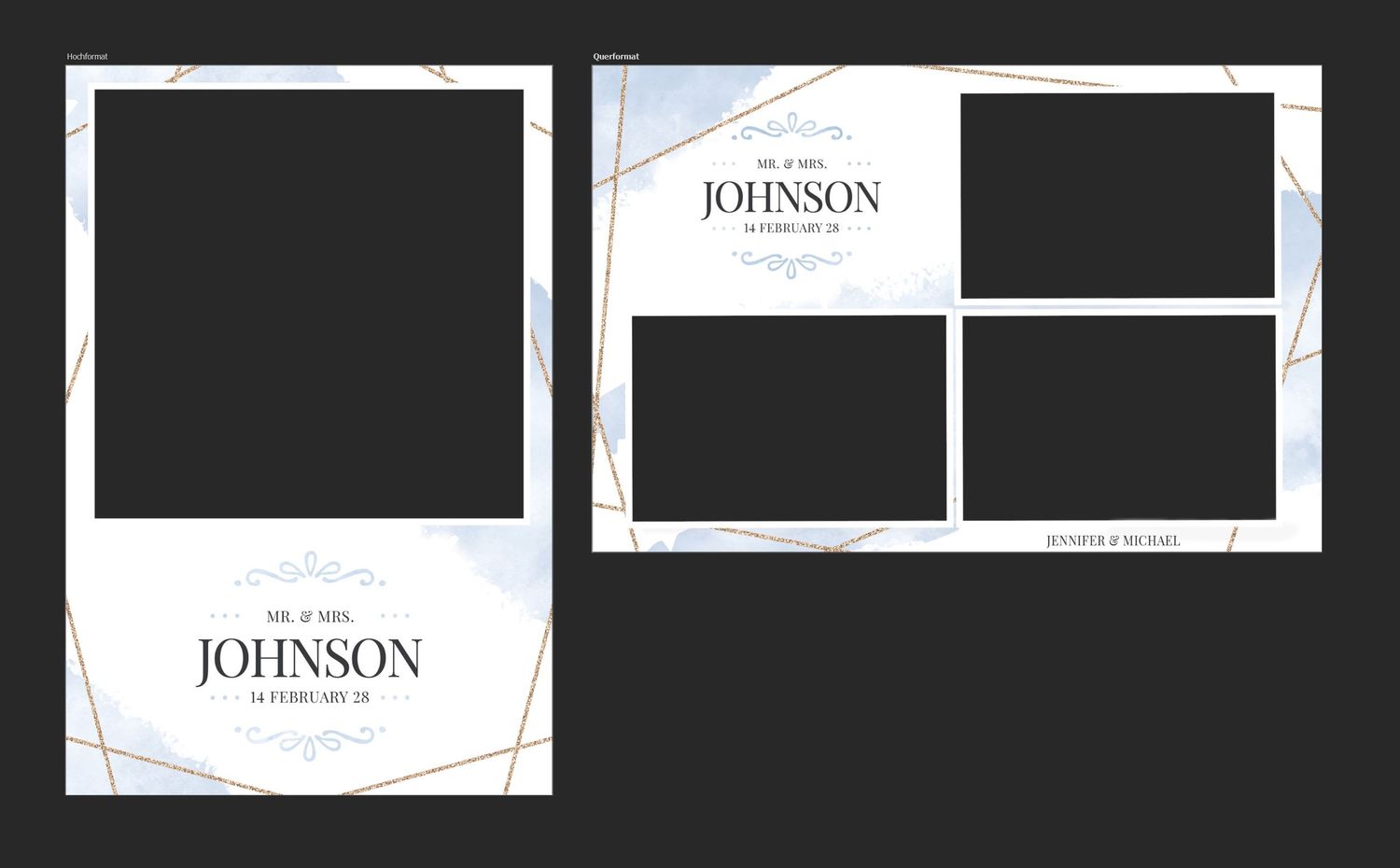 Elegant wedding photo booth template with Johnson surname, geometric gold lines, and soft blue watercolor background.