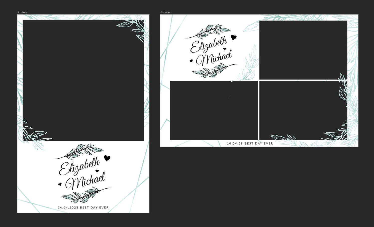 Elegant wedding photo booth template featuring Elizabeth and Michael with floral leaf border design in black and white.
