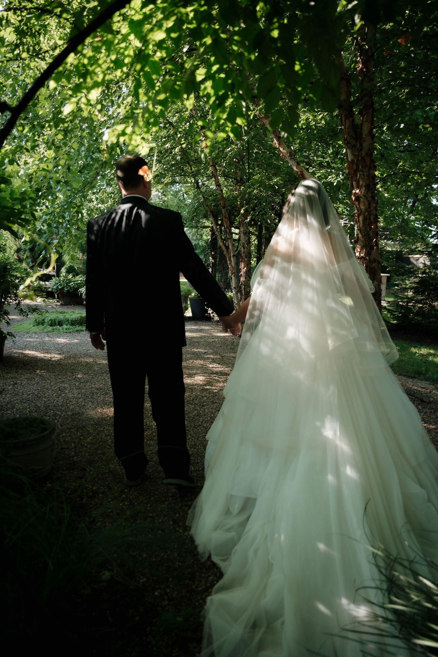A wedding couple walks through a lush green garden with dappled sunlight.