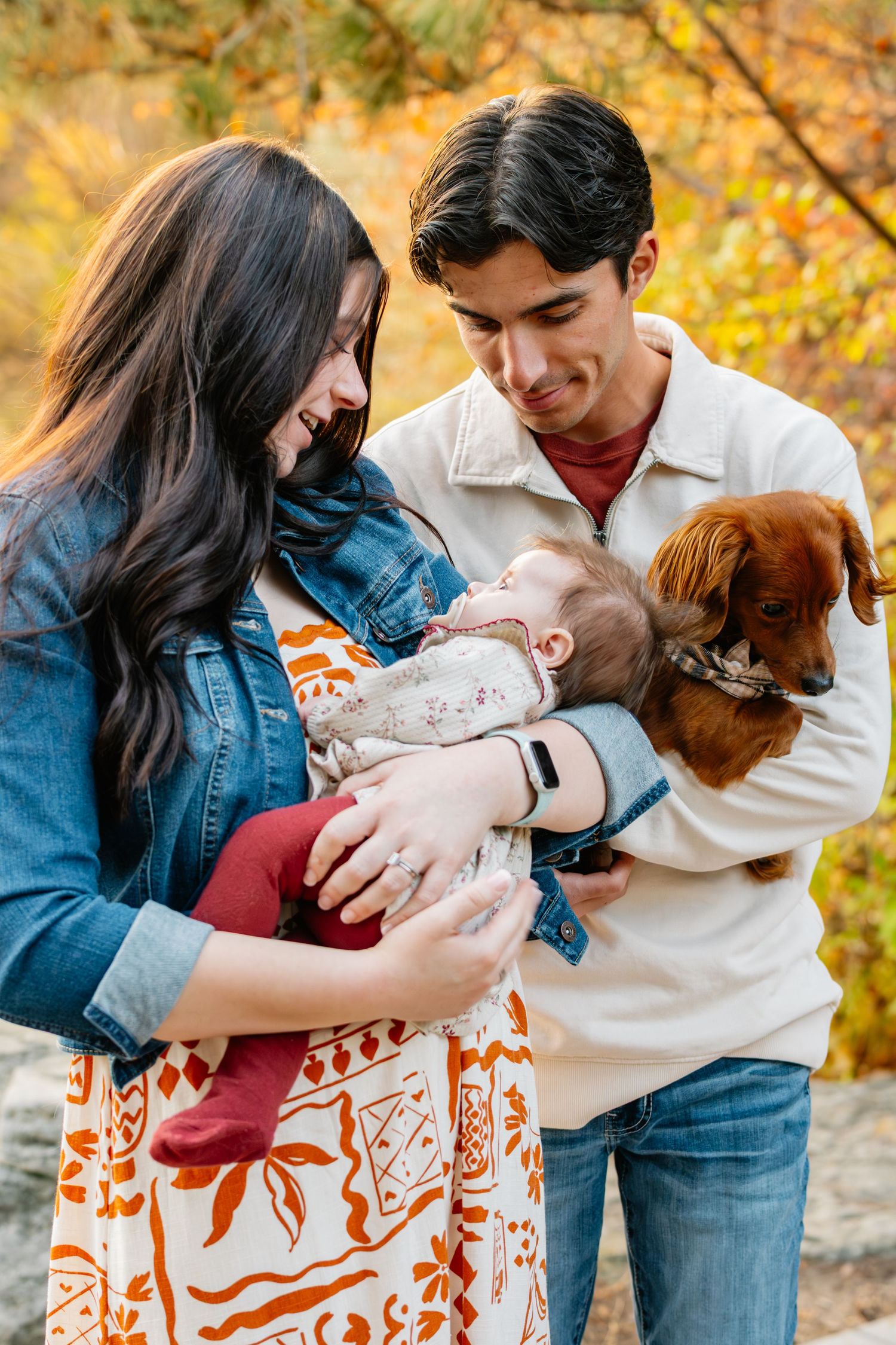 A family and their brown dog share tender moments with their baby during an autumn photoshoot.