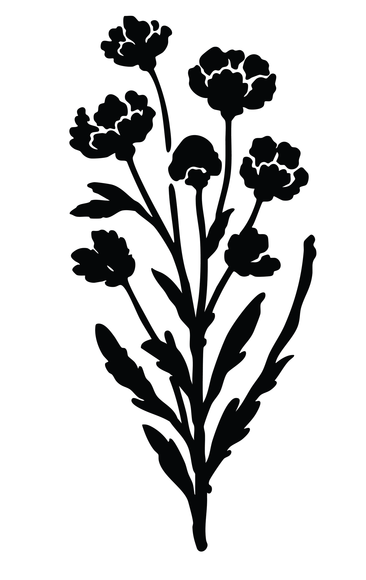 Simple black silhouettes of wildflowers and plants with stems and leaves arranged in a decorative pattern.