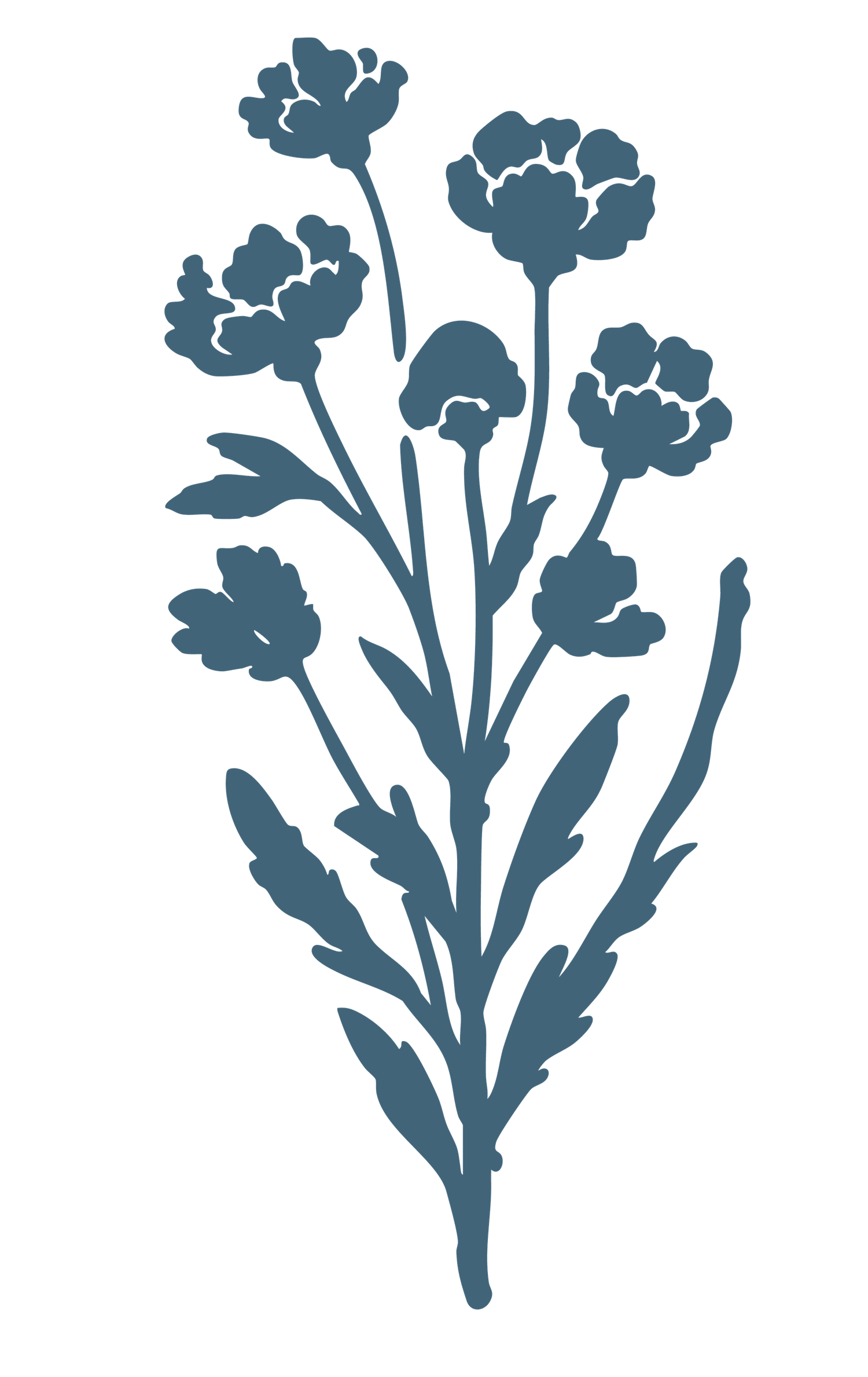 A silhouette illustration of a wildflower bouquet with multiple blooms and leaves in dusty blue color.
