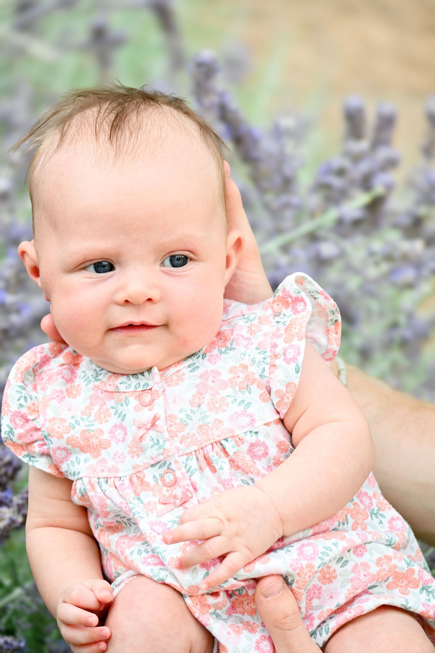 A baby in a pink floral outfit smiles while laying in lavender flowers.