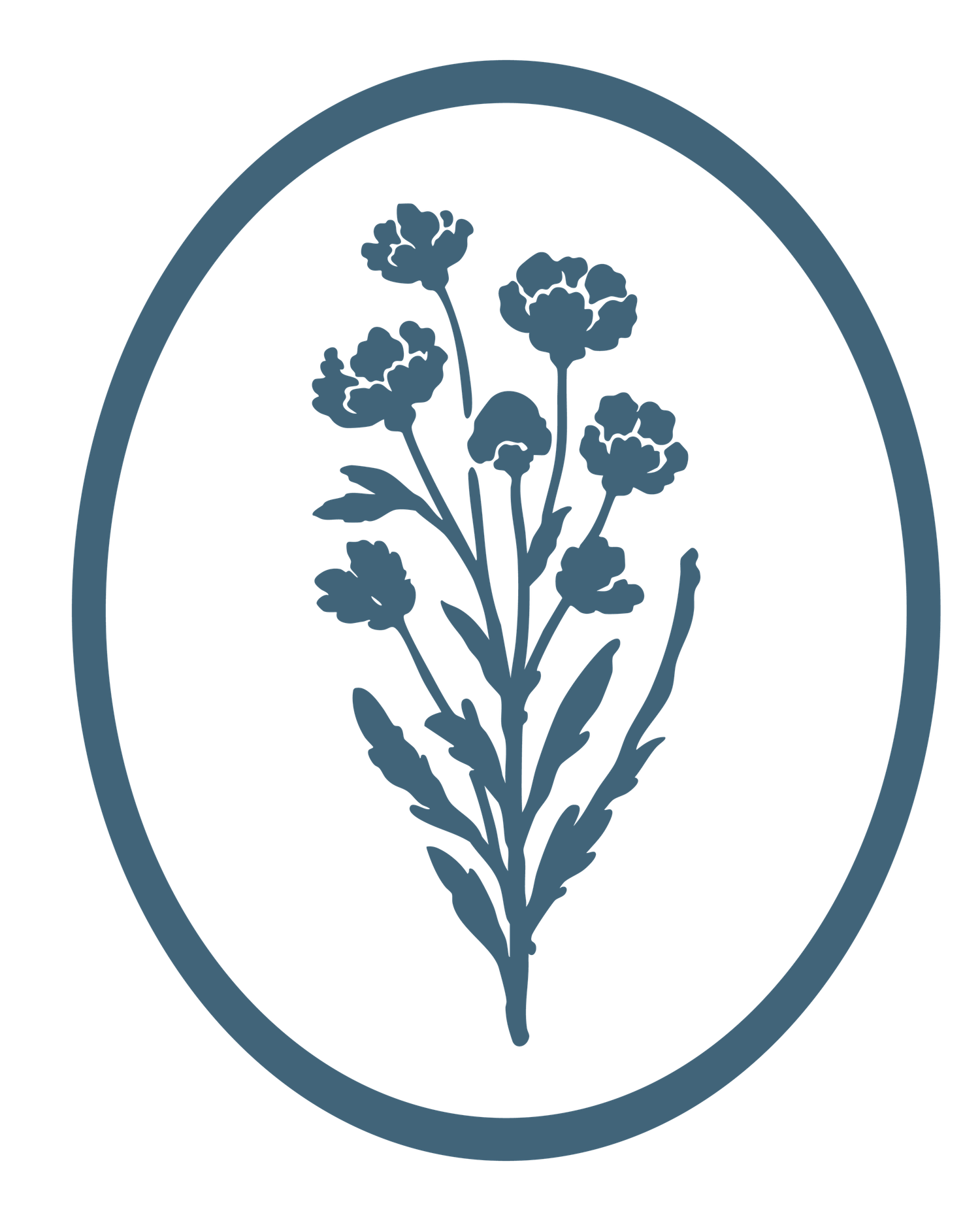 Simple blue floral illustration showing carnation flowers with stems and leaves in an oval frame.