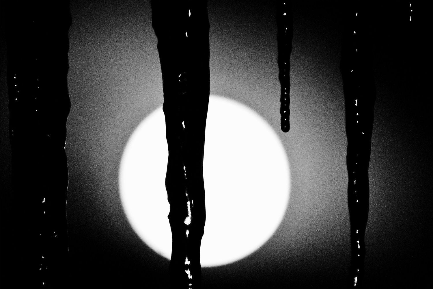 Full moon rising behind vertical dark silhouettes creating dramatic nighttime scene.