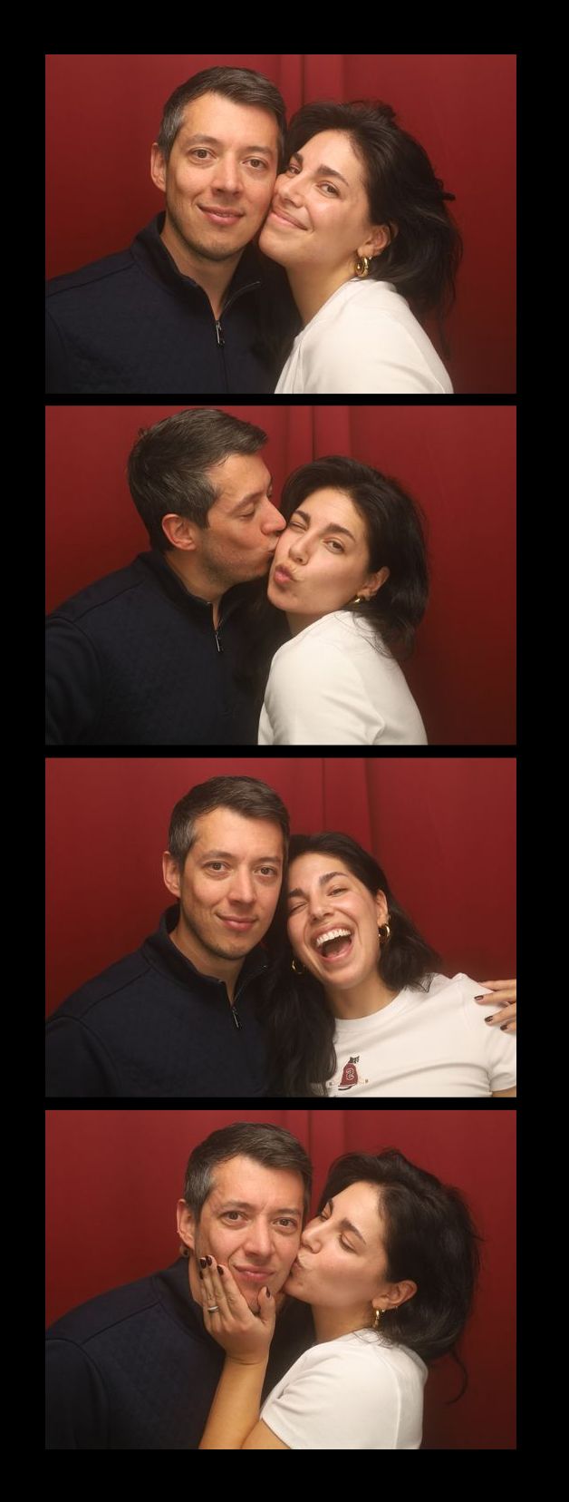 Romantic photo booth series showing a couple in playful poses against a red background.