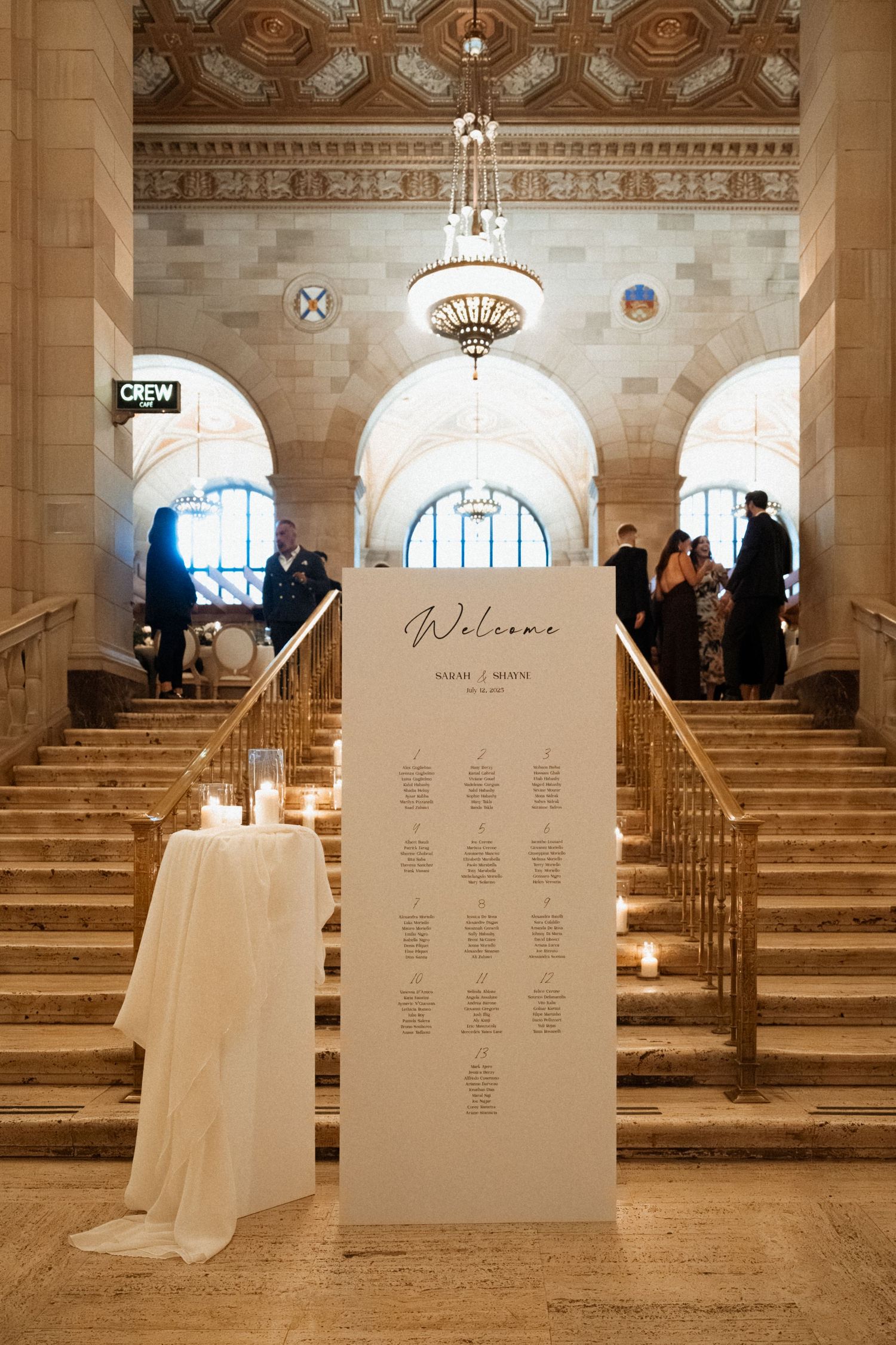 Elegant wedding welcome sign with seating chart displayed on grand marble staircase in ornate venue with chandeliers.