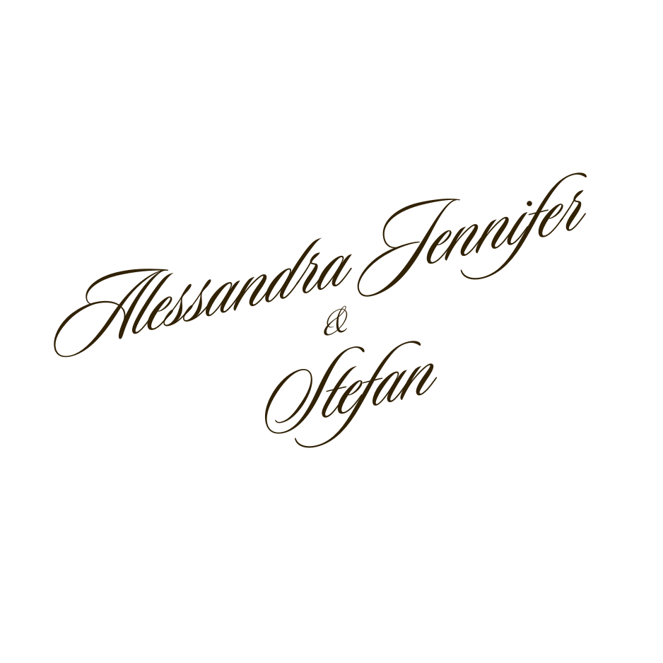 Elegant wedding invitation text with names 'Alessandro Jennifer & Stefan' in decorative calligraphy script.