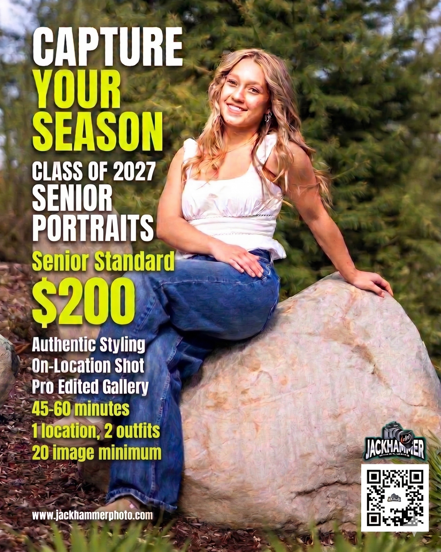 Senior portrait photography ad featuring a smiling teenage girl posing on a boulder, promoting Class of 2027 sessions for $200.