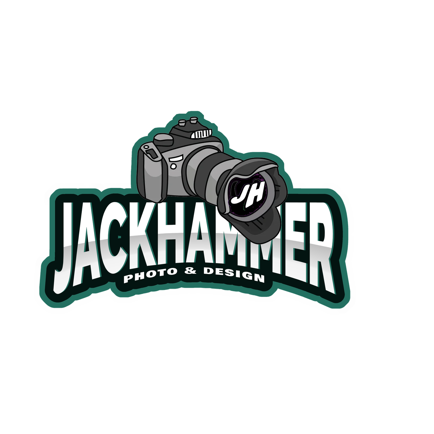 Jackhammer Photo & Design logo featuring a camera graphic with green and black bold lettering on a white background.