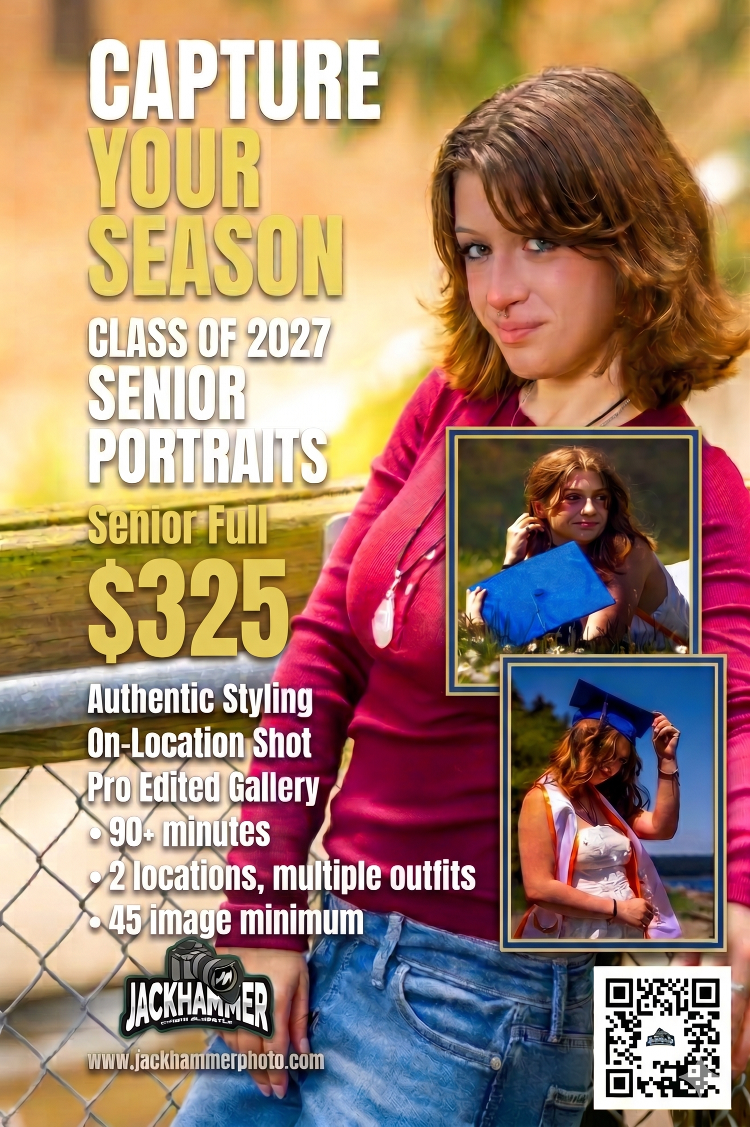 Senior portrait photography ad for Class of 2027 featuring a teen girl in red hoodie, offering full sessions starting at $325.