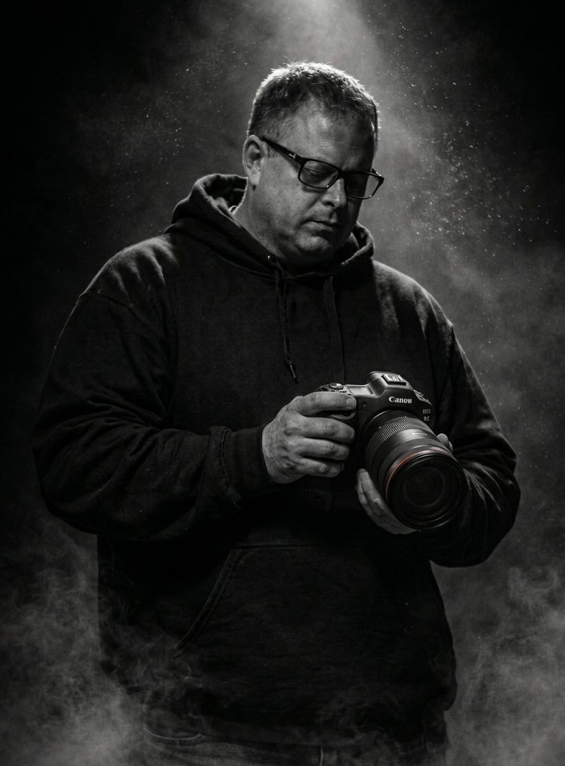 Man in black hoodie holding Canon camera, dramatic black and white portrait with moody smoke and spotlight effect.