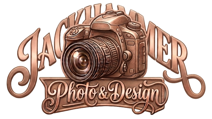 Jackhammer Photo & Design logo featuring a vintage camera with ornate copper lettering and decorative typography.