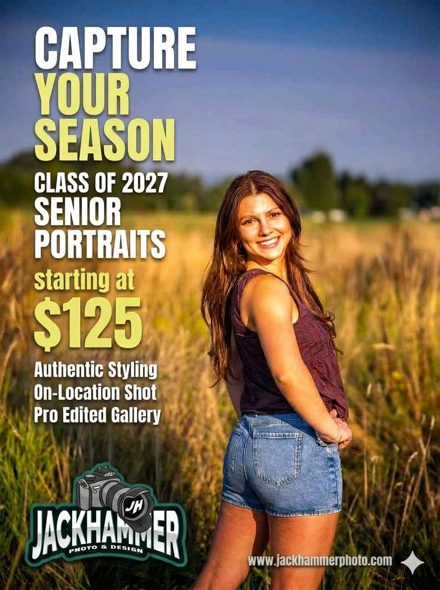 Senior portrait ad for Jackhammer Photo featuring a smiling teen girl in a sunlit field, promoting Class of 2027 packages starting at $125.
