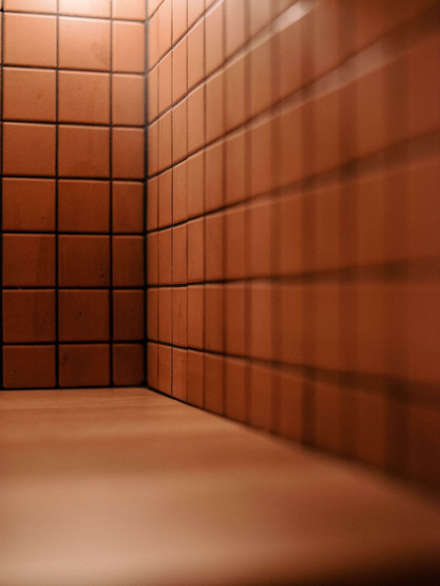Abstract architectural interior showing a series of tiled brown walls and corners in diminishing perspective.