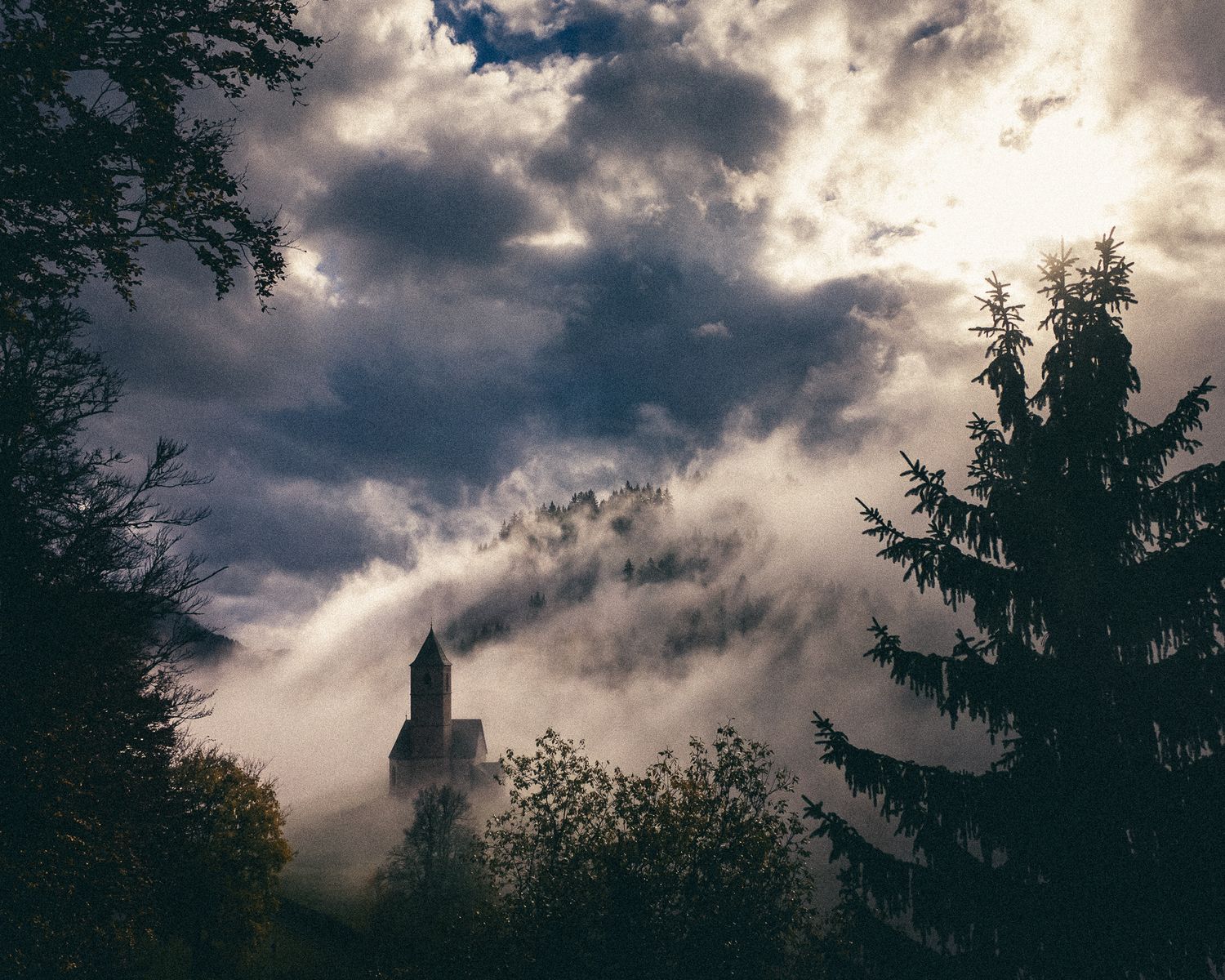 Dramatic cloudy sky with silhouetted trees creates moody panoramic landscape at dusk.