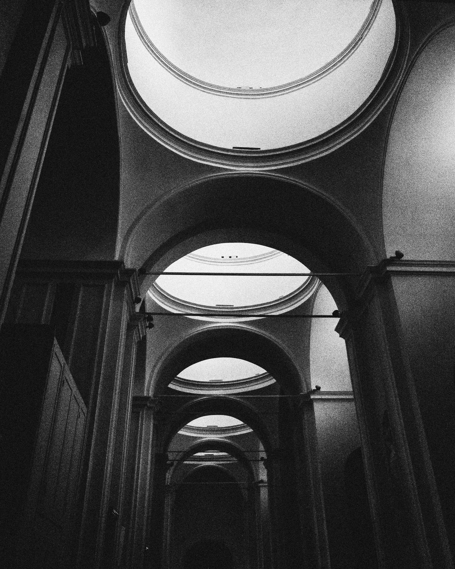 Abstract architectural detail showing a series of circular skylights in a modern corridor ceiling.