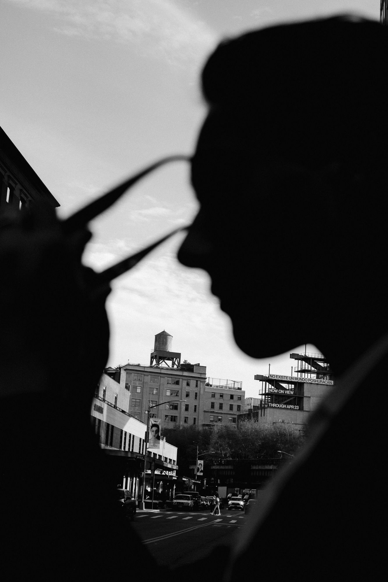 Silhouetted figures against an urban skyline in dramatic black and white contrast.