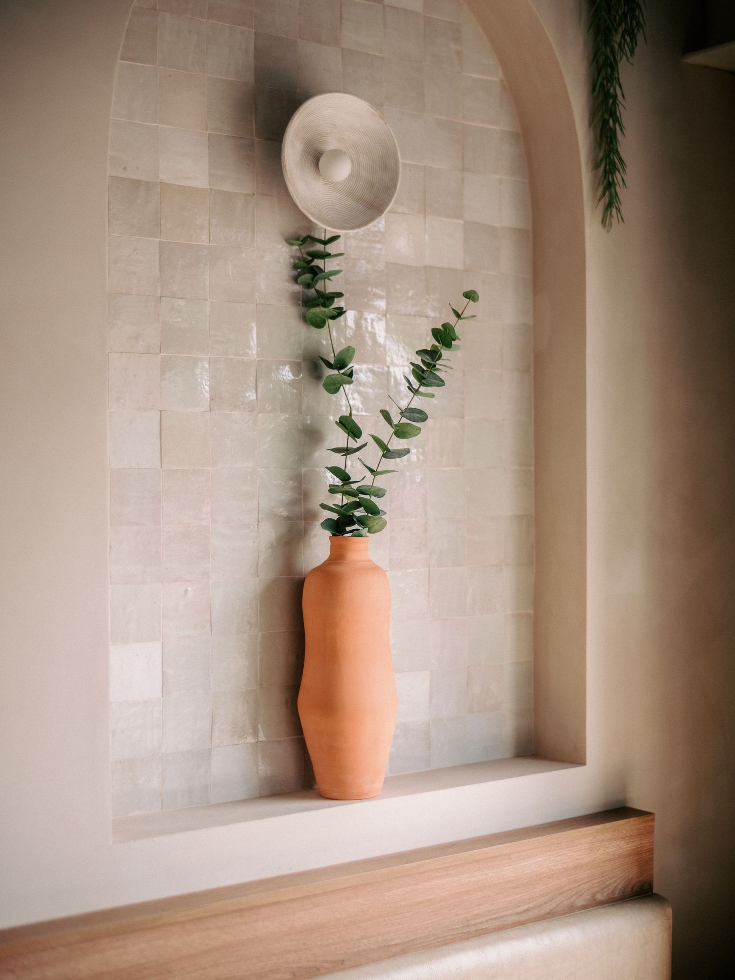 Terracotta vase with eucalyptus stems displayed in a tiled alcove against white walls.