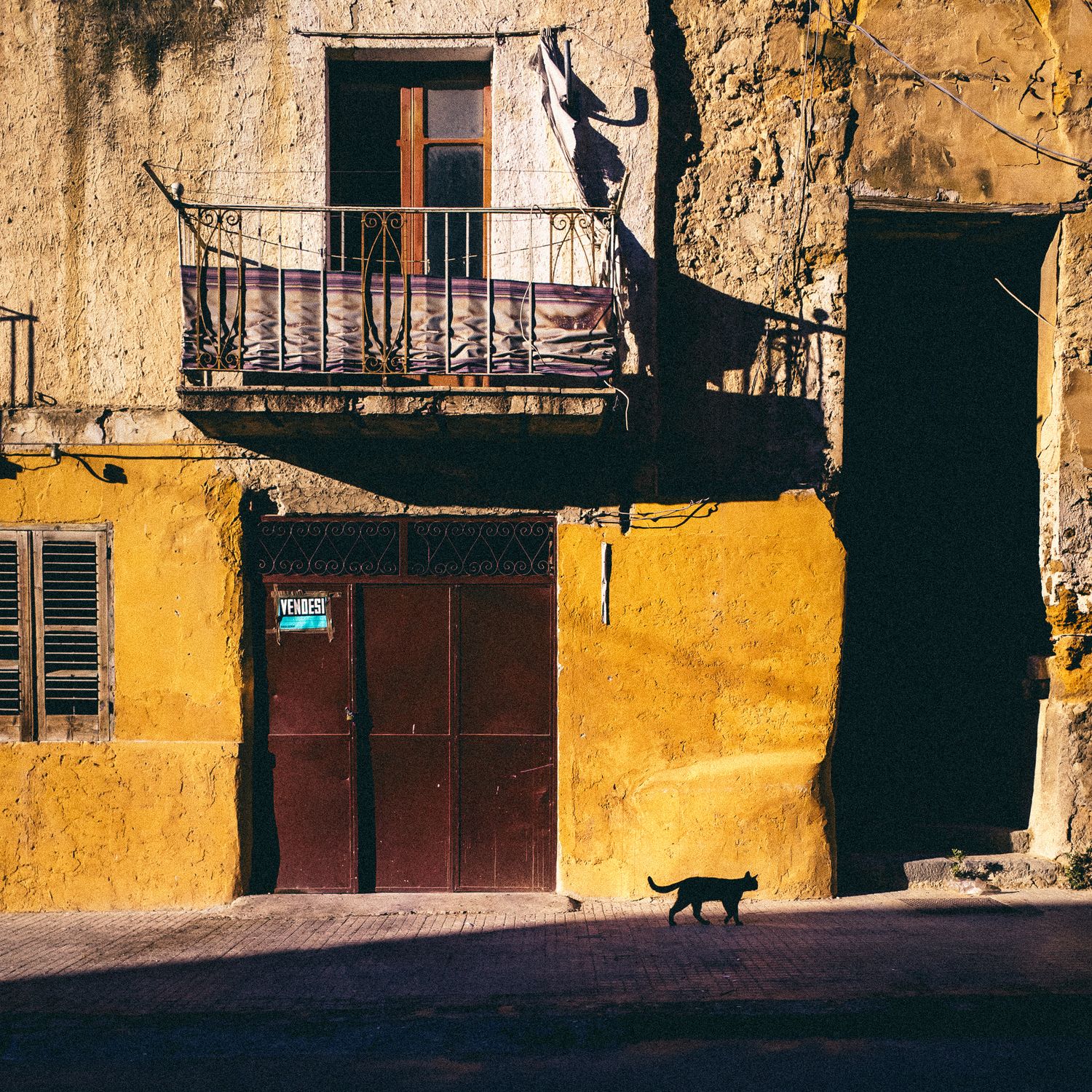 A black cat walks past a yellow building with weathered walls, balcony, and dark wooden doors in warm sunlight.