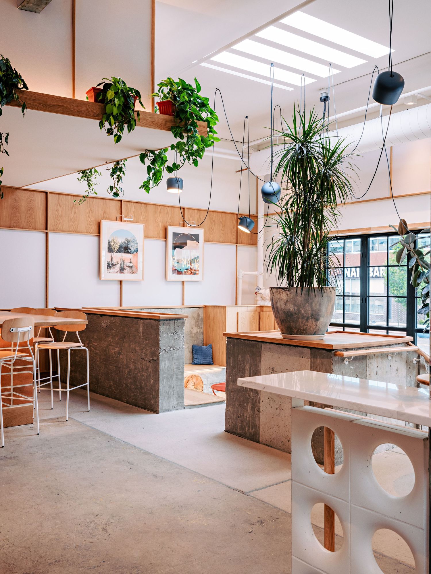Open concept dining space with concrete elements, hanging plants, and circular architectural details.