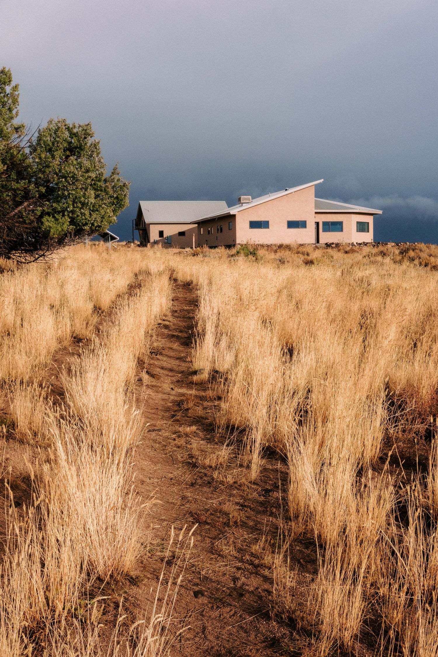 Dirt path leading through tall grass to a modern house on a hill against stormy skies.