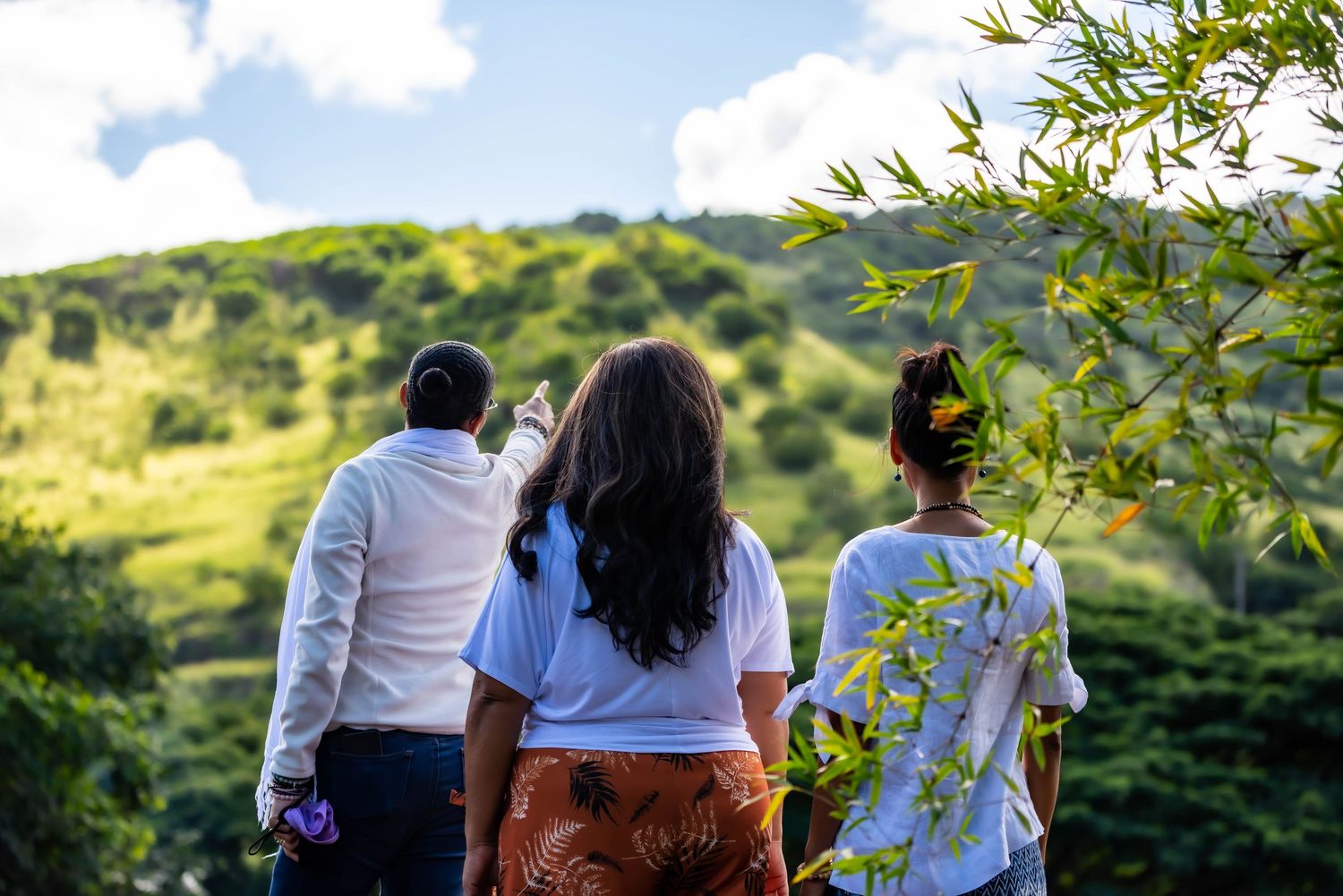 Three people viewed from behind looking out at a green hillside landscape.