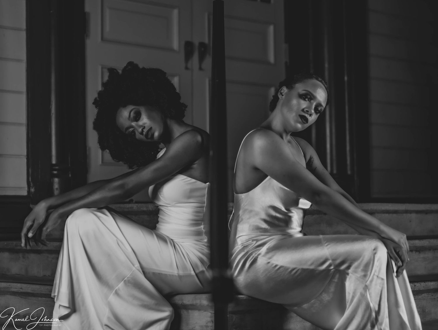 Monochrome photo sequence showing graceful poses on architectural steps.