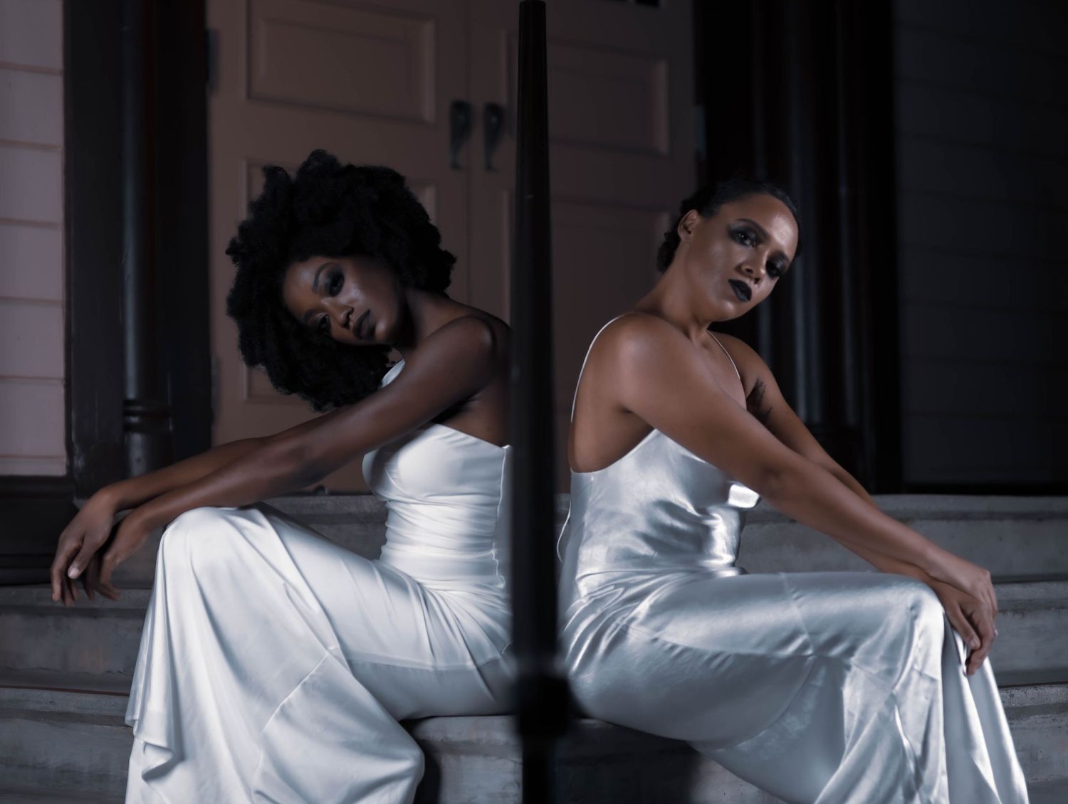 Artistic black and white photo series showing a woman in a white dress posing on steps in different positions.