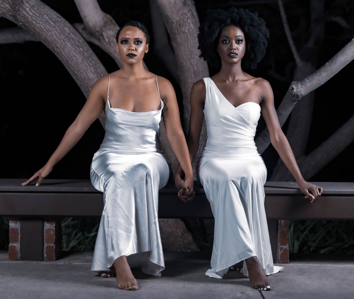 Elegant dance-inspired poses in white dress against dark background.
