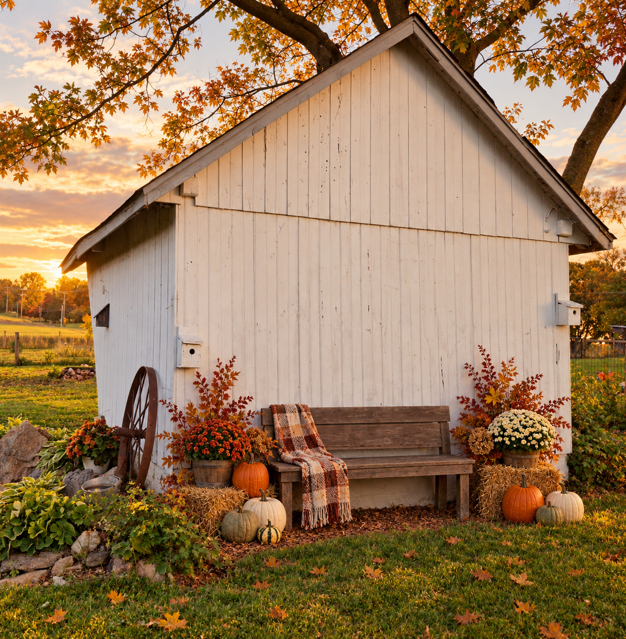 White barn with autumn decor, pumpkins, mums, and a wooden bench at golden sunset.