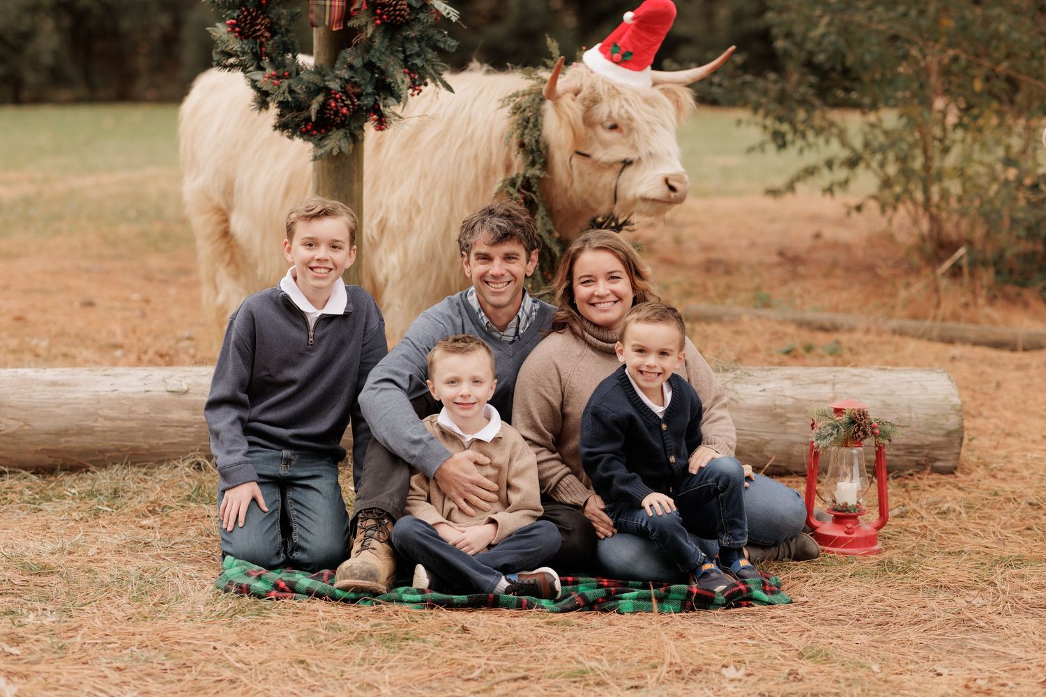 Family of five poses for a festive Christmas photo outdoors with a Highland cow wearing a Santa hat behind them.