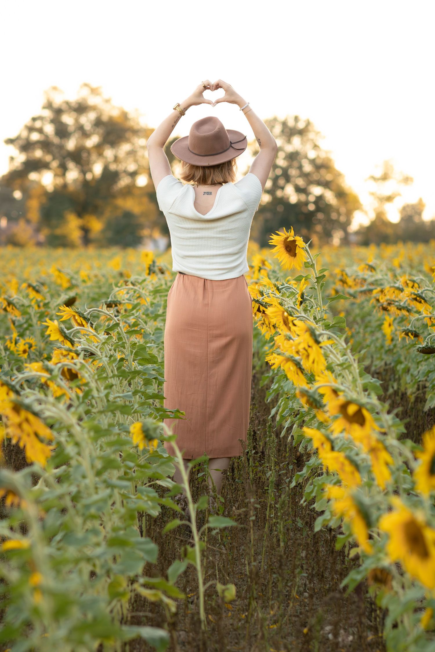 Person in a hat and skirt walking through a vibrant sunflower field at sunset.