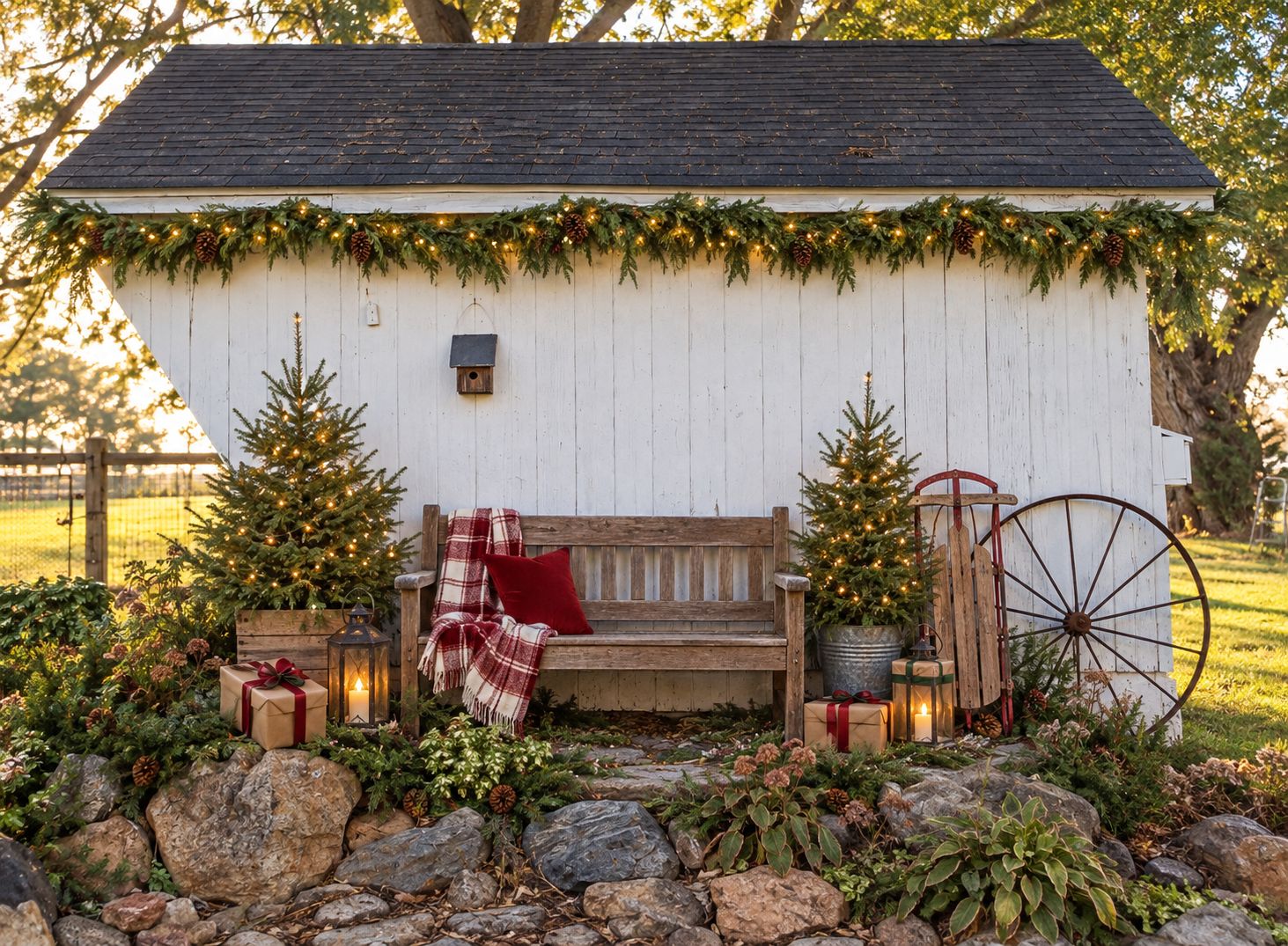 White barn decorated with Christmas garland, lit trees, plaid blanket on wooden bench, and vintage sled for festive holiday decor.