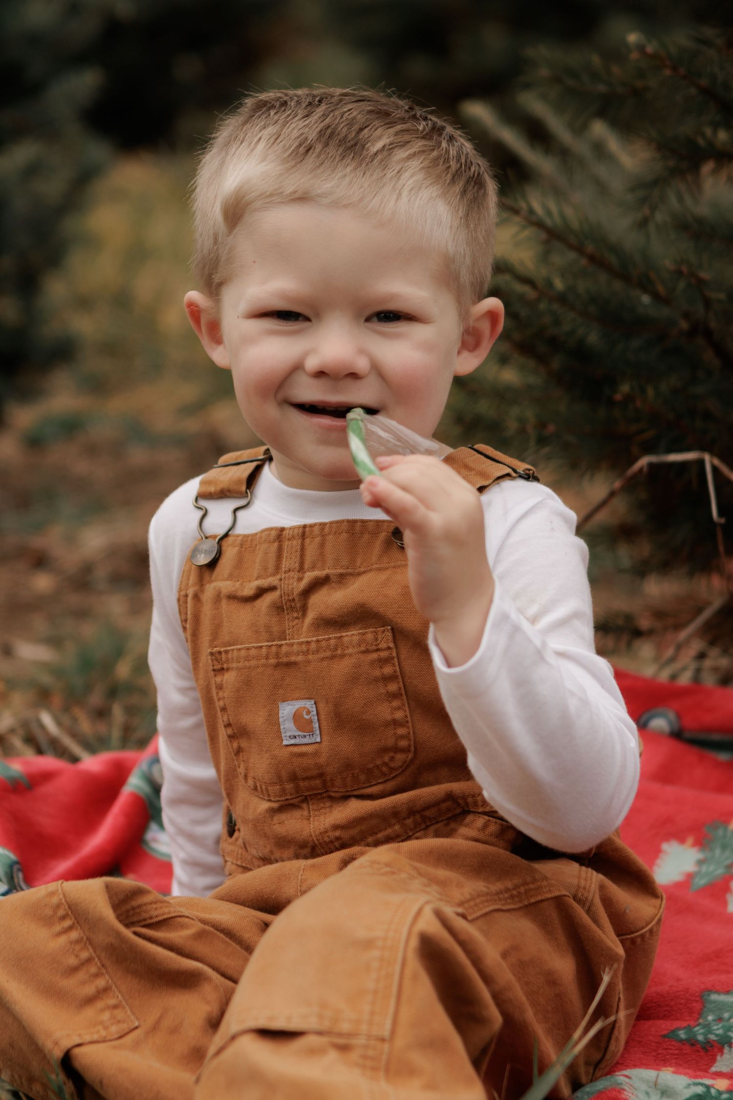 Young toddler boy in Carhartt overalls sitting on red blanket outdoors, smiling while holding a green candy.