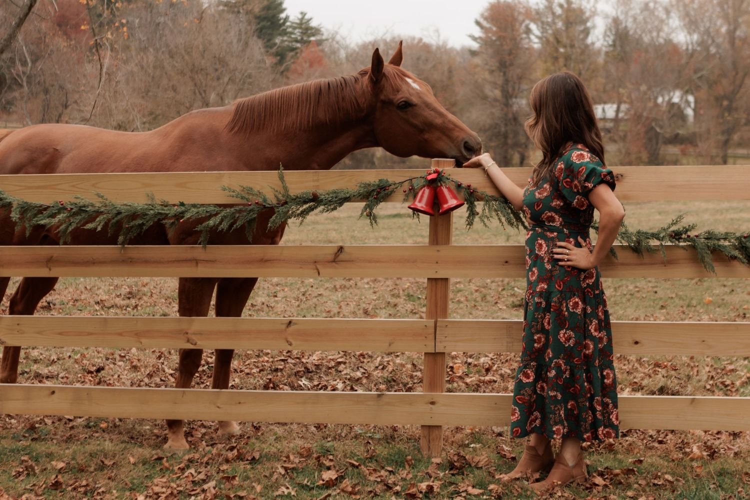 A person in a floral dress feeds a brown horse over a wooden fence decorated with holiday greenery.