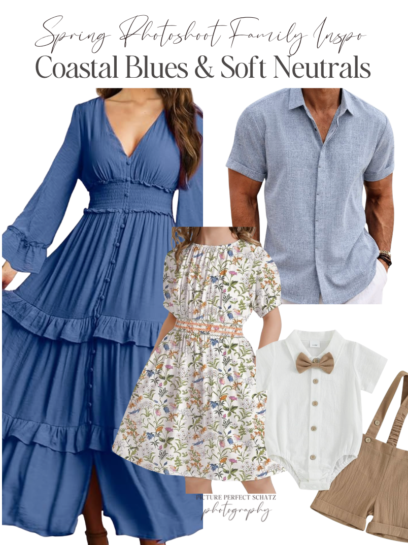 Coordinated family outfit set featuring blue dresses, white shirts, and khaki suspenders for a coastal photoshoot look.