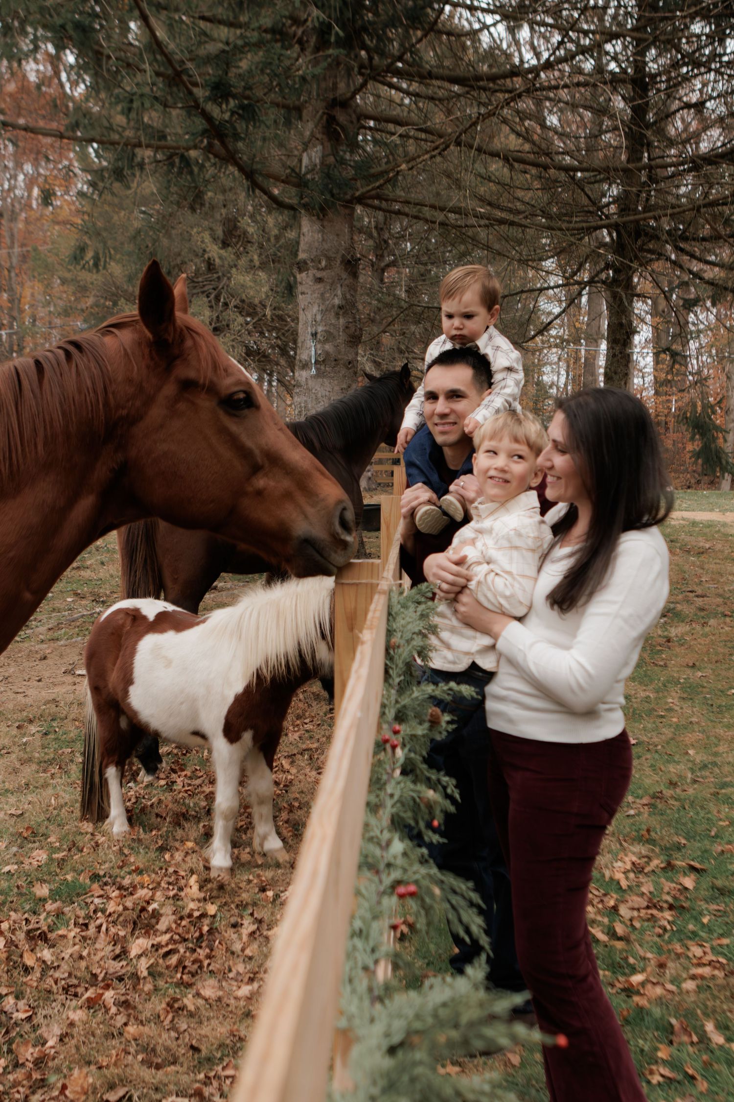 Family interacting with friendly horse in autumn field setting.