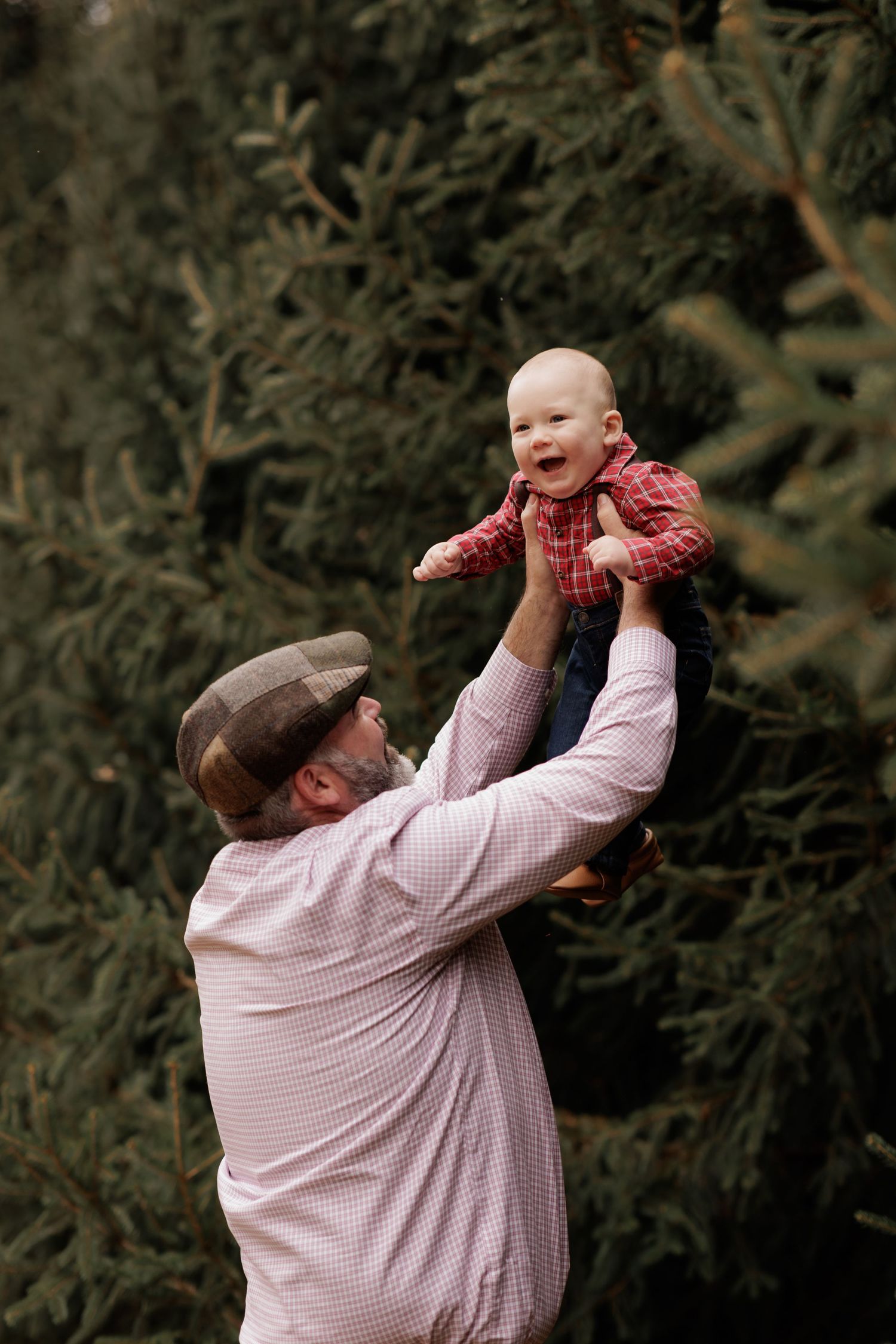 Grandfather lifting laughing baby in red plaid shirt among green pine trees outdoors.