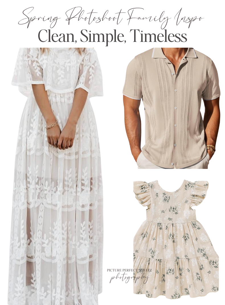 Spring fashion collection featuring a white lace maxi dress, beige button-down shirt, and floral print children's dress.