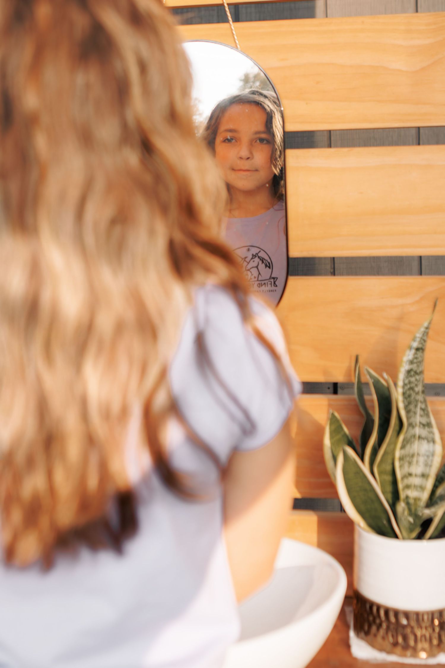 A mirror reflection with a snake plant in a white pot on the counter.