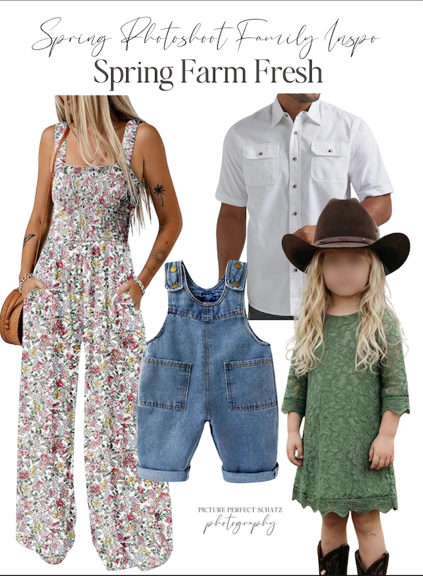 A collection of spring fashion photos featuring floral dresses, denim overalls, and green tops arranged in a collage style.