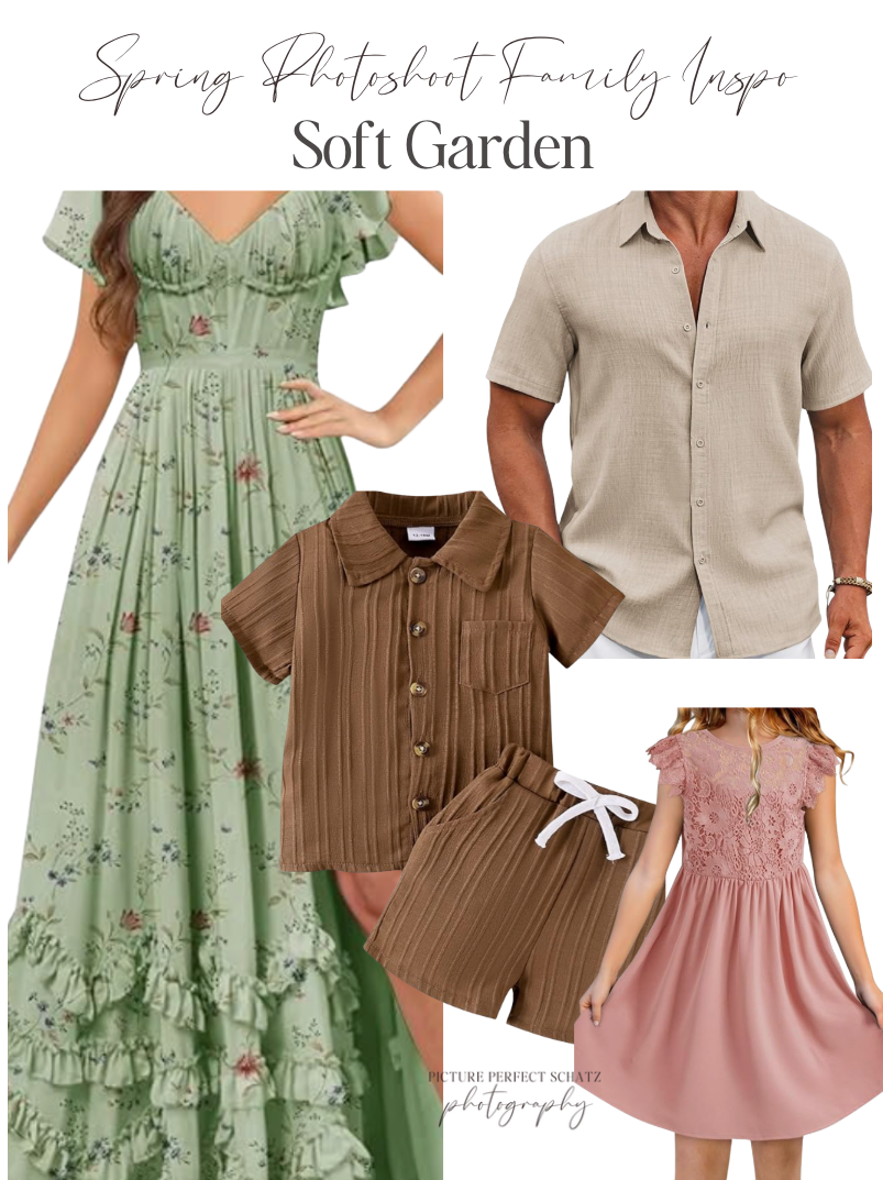 Spring family photo outfit inspiration featuring soft sage green dresses and neutral khaki and brown coordinating pieces.