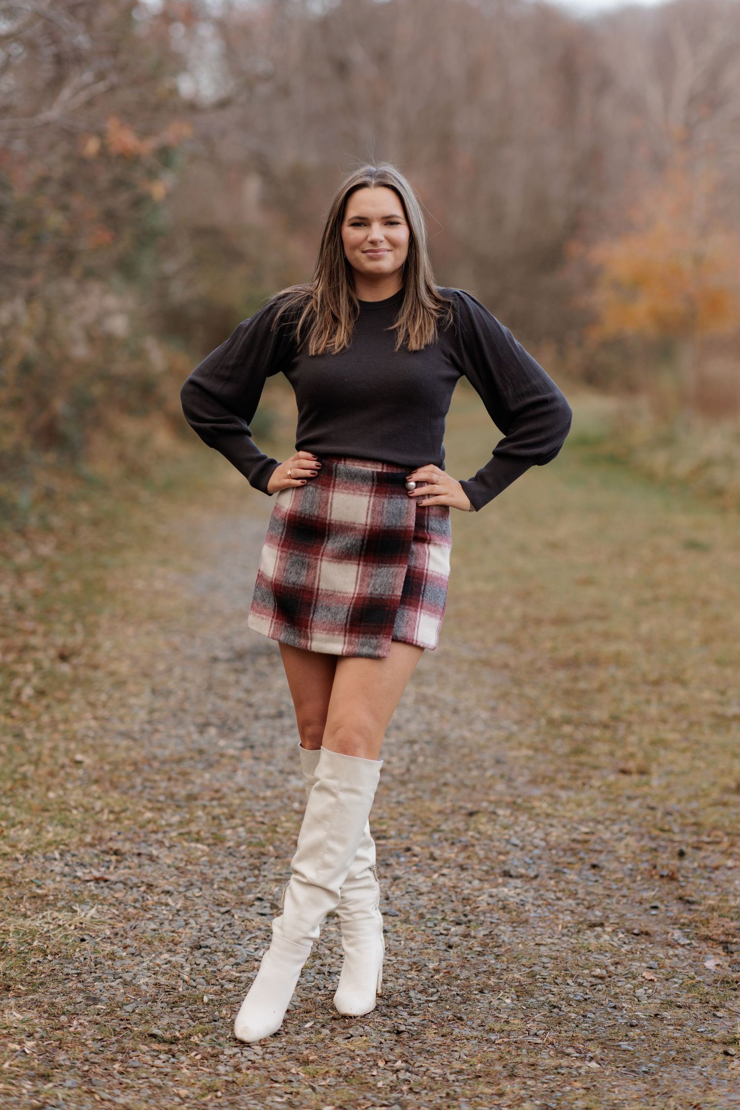 Fashion portraits showing stylish winter boots and plaid skirt in outdoor setting.