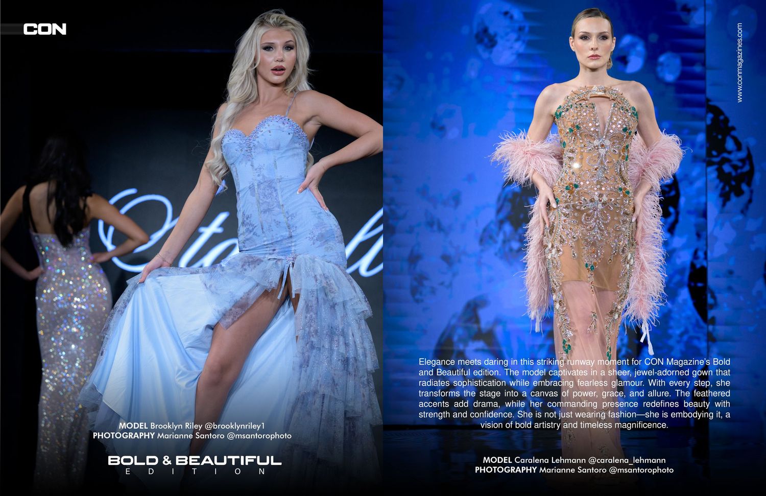 Two models showcase stunning sequined gowns on runway at Bold & Beautiful fashion show.