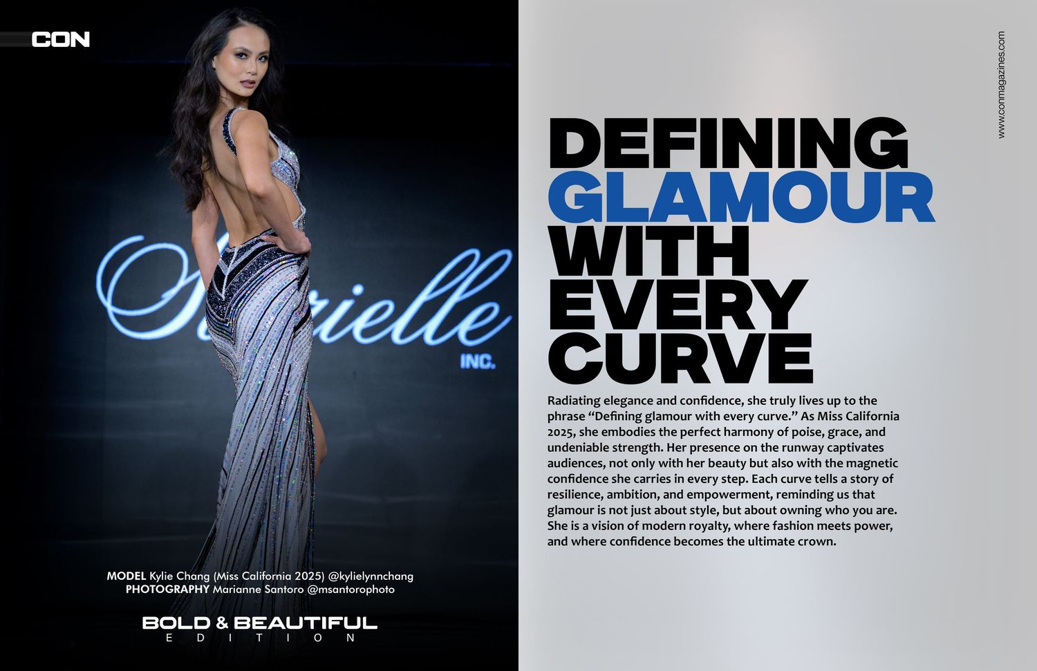 Fashion model poses in elegant gown for Bold & Beautiful magazine glamour feature.