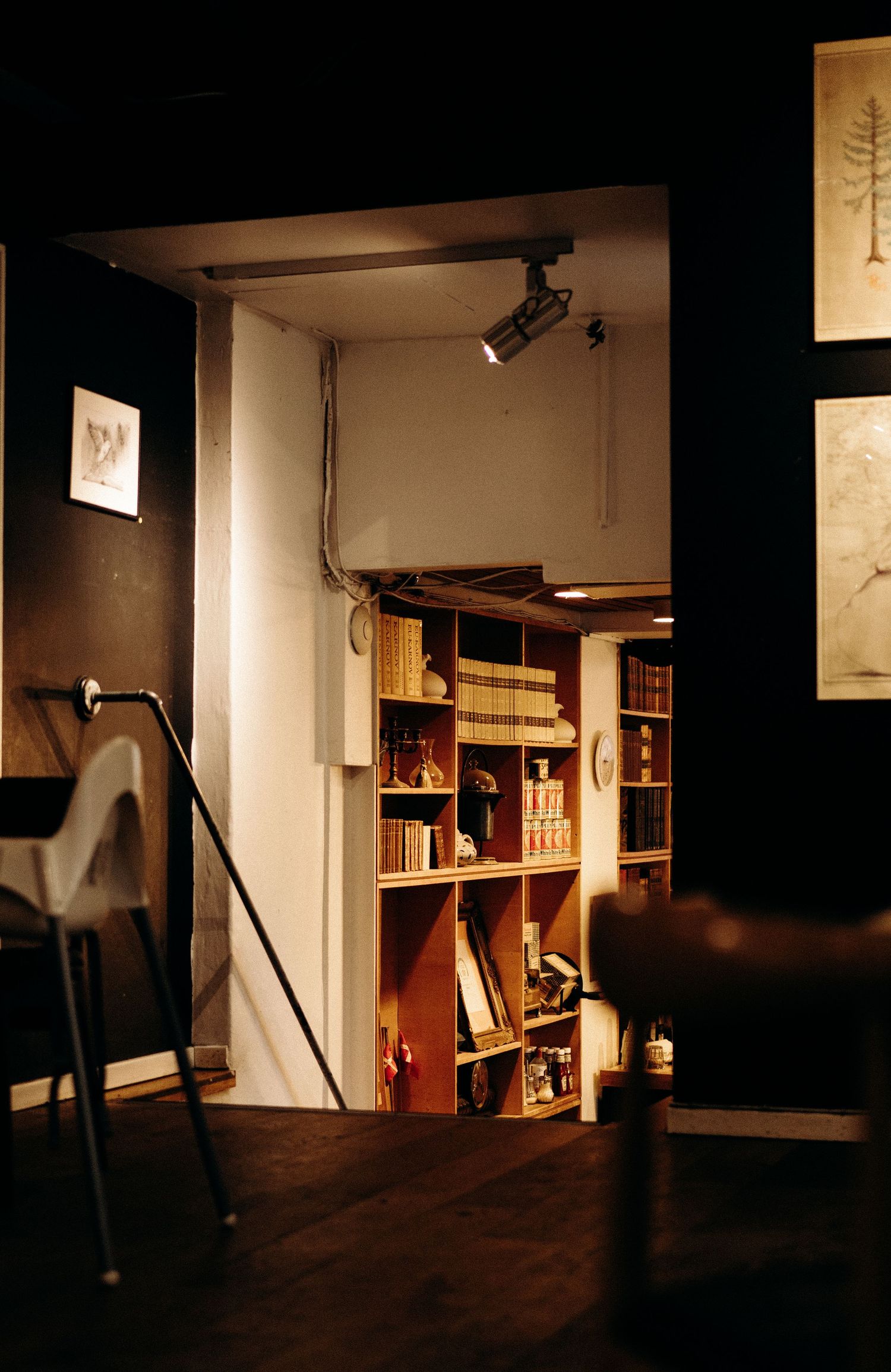 Cozy bookshelf nook with warm lighting and wooden shelving units filled with books.