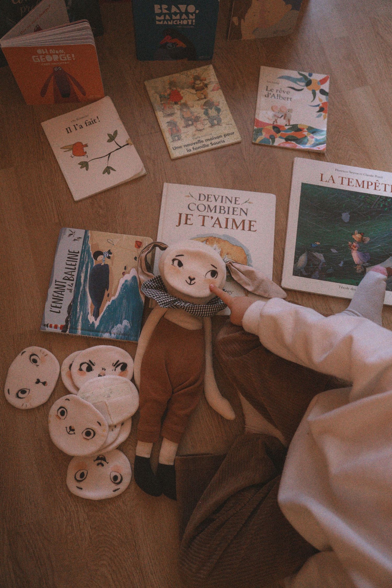 A collection of children's books and plush monkey toys arranged on a wooden floor with soft lighting.