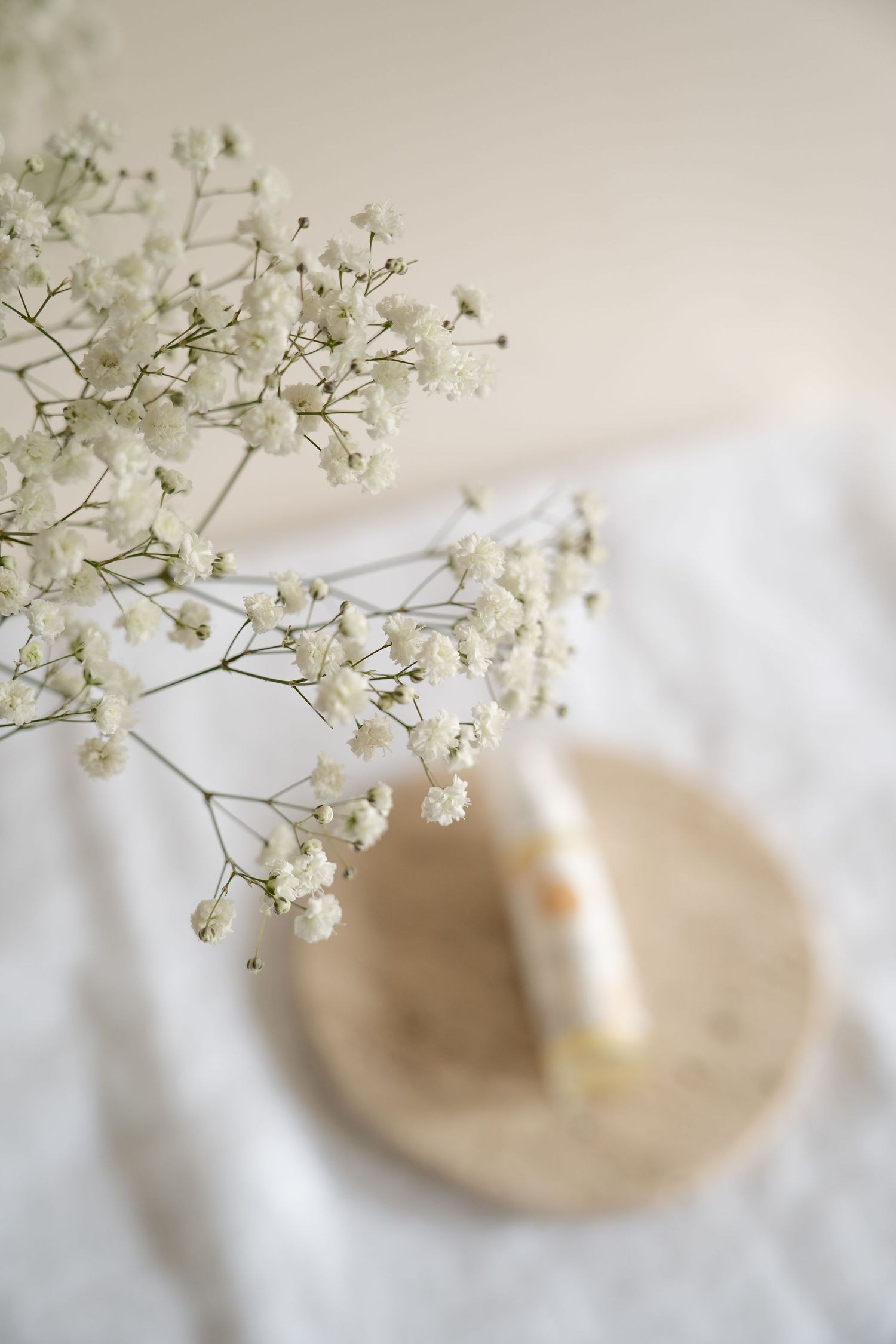 Delicate white baby's breath flowers arranged with soft focus against a cream-colored surface in a minimalist style.